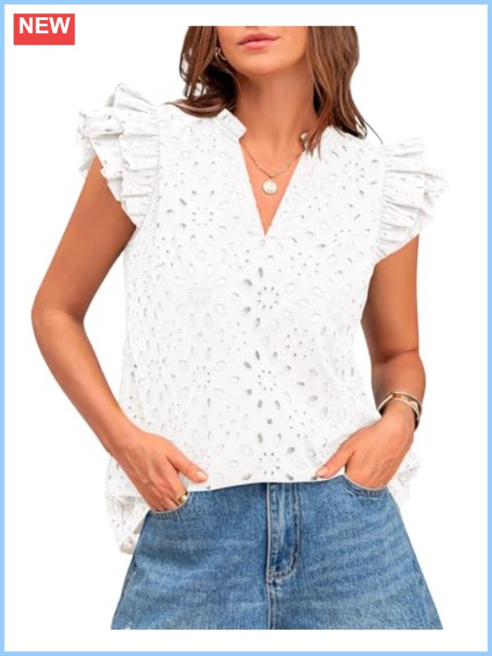 Eyelet Embroidered V Neck Blouse with Ruffle Sleeves